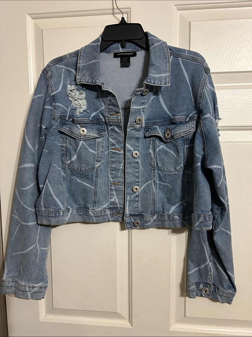 Ashley Stewart Light Blue Distressed Cropped Denim Jacket